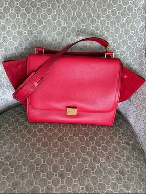 Celine Trapeze Red l Leather and Suede Shoulder Bag with Top Handle EUC